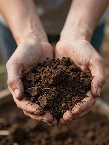 Warm editorial close-up of dark crumbly compost held in weathered hands, soft morning daylight, shallow depth of field