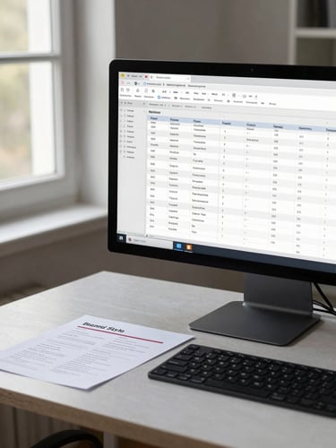 Medium shot of a workstation desktop showing a product listing review workflow — a monitor displaying a structured spreadsheet of SKU titles and keyword fields next to a printed brand style guide document, neutral daylight from a window at left, no person visible, clean organized surface