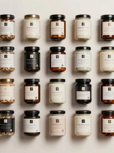 Close-up overhead flat-lay of multiple product SKUs arranged in a precise grid on a neutral off-white surface, studio strobe lighting revealing packaging detail and label clarity, no hands, no people