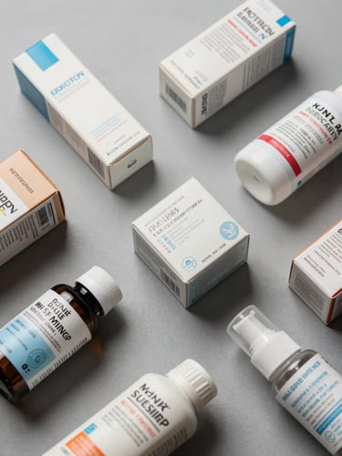 Close-up of multiple consumer product SKUs arranged in a flat-lay overhead composition on a clean matte surface, studio strobe lighting revealing label detail and packaging texture, neutral grey background, no lifestyle context