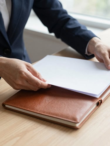 Close-up of hands arranging papers and a leather notebook on a light wooden desk, soft natural window light, professional and minimalist aesthetic