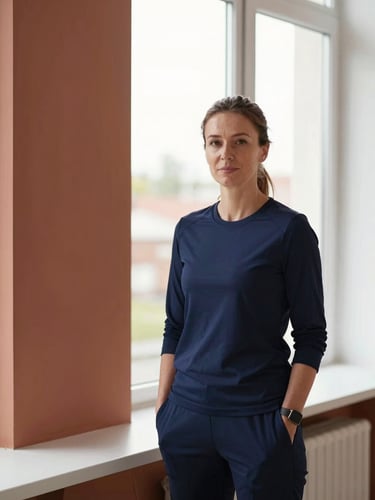 A professional environmental portrait of a female coach in Vilnius, natural window light, deep navy and terracotta tones, clean minimalist composition, 35mm