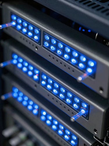 Extreme close-up of neat fiber optic terminations in a server rack, cool-toned industrial blue LED indicators glowing.