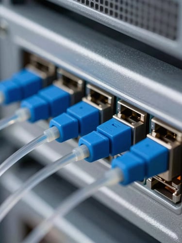Macro close-up of immaculate blue fiber optic terminations plugged into a clean server rack, cool industrial LED lighting, shallow depth of field