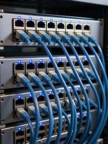 Extreme close-up of a neatly dressed server rack with high-definition security camera feed cables terminated into a network switch, cool blue LED indicator lights