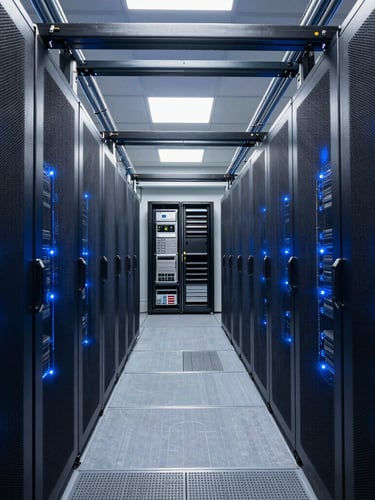 Symmetrical wide perspective of a modern secured facility server room, clean conduit runs, neat blue LED lighting, technical blueprint style.