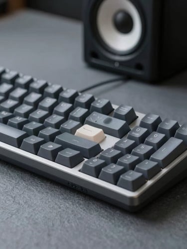 Macro shot of a high-end mechanical keyboard and studio monitor in a clean, minimalist editing setup, cool slate lighting, 35mm