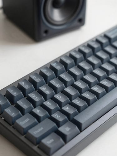 Macro shot of a high-end mechanical keyboard and studio monitor in a clean, professional editing setup, cool slate tones, sharp focus, 35mm