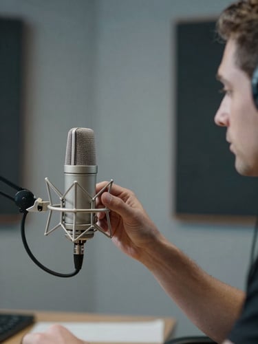 A professional male creator adjusting a high-end studio microphone in a modern architectural podcast studio, cool crisp north-facing light, 35mm