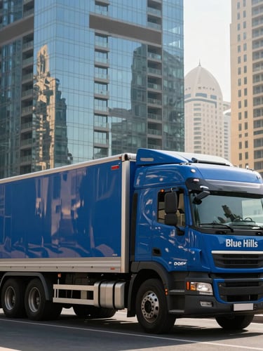 A pristine branded Blue Hills logistics truck parked outside a sleek glass skyscraper in Dubai Marina, captured in sharp morning light with clean reflections.