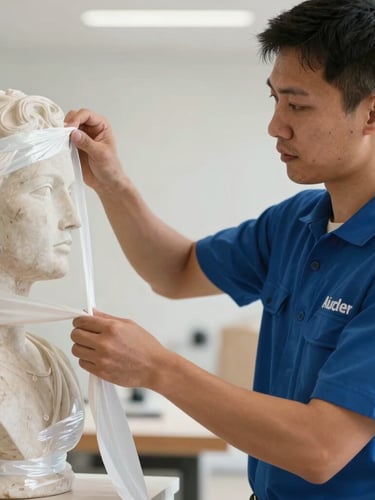Close-up shot of a professional mover in a clean blue uniform carefully securing a fragile sculpture with heavy-duty protective wrap inside a well-lit space.
