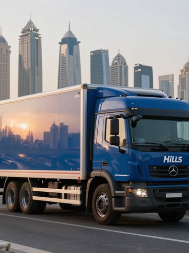 A pristine branded Blue Hills moving truck parked in front of the modern Dubai Marina skyline at sunrise, clean reflections, industrial precision composition.