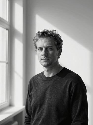 Minimalist black and white lifestyle portrait of photographer Julius Bieliauskas, natural window light, architectural background with clean shadows.