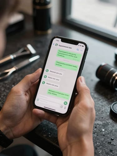 Close-up overhead of hands holding a smartphone displaying a WhatsApp chat with an appointment confirmation notification arriving, resting on a barbershop counter with tools slightly visible, natural daylight from a nearby window
