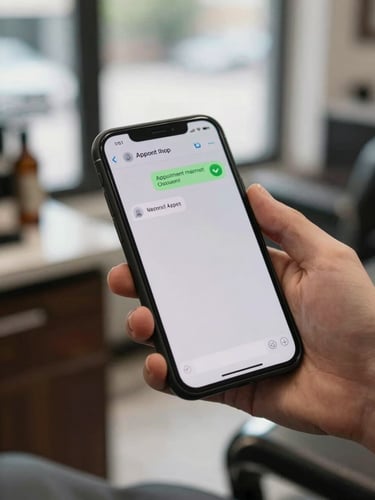 Close-up of a hand holding a smartphone, WhatsApp chat open showing an appointment confirmation message with a green checkmark, natural daylight from a window, barbershop counter blurred in background