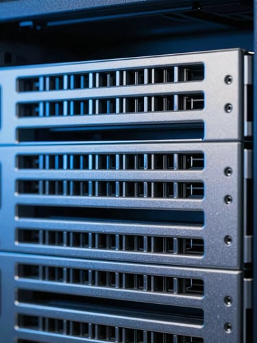 Macro photograph of clean high-end server rack, cool-toned studio lighting with sharp electric blue highlights, metallic silver tones, 50mm lens