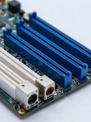 Macro shot of enterprise motherboard ports and memory slots, cool studio lighting, deep blue and metallic silver tones, sharp focus