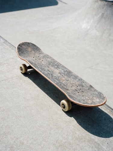 Low-angle gritty shot of a worn skateboard tail scraped against concrete, harsh midday sun casting sharp shadows, 35mm film grain