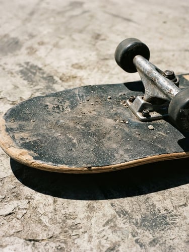 Low-angle close-up of a well-worn skateboard deck, raw black griptape texture, harsh midday sun casting sharp shadows on concrete, 35mm film grain