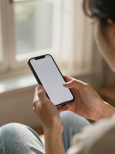 Over-the-shoulder shot of a person sitting by a sunlit window at home, holding a smartphone showing a clean interface, soft diffused morning light, warm and peaceful atmosphere.