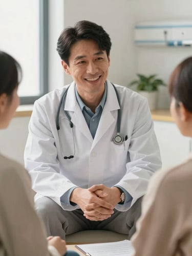 Warm, natural daylight illuminates a doctor gently explaining a treatment plan to a patient and their family member in a clean, modern hospital consultation room, hands clasped in a supportive gesture, 35mm lens.
