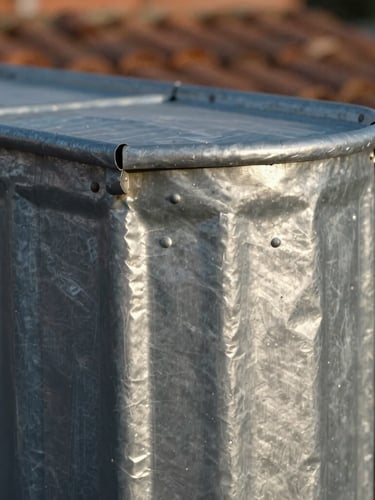 Vue rapprochée en lumière rasante du matin sur un raccord de zinc façonné à la main, soudures épurées et brillantes, reflets métalliques gris bleutés, tuiles de terre cuite en arrière-plan flou.