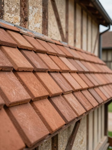 Alignement précis de tuiles plates neuves couleur terre cuite sur une charpente traditionnelle en Seine-et-Marne.