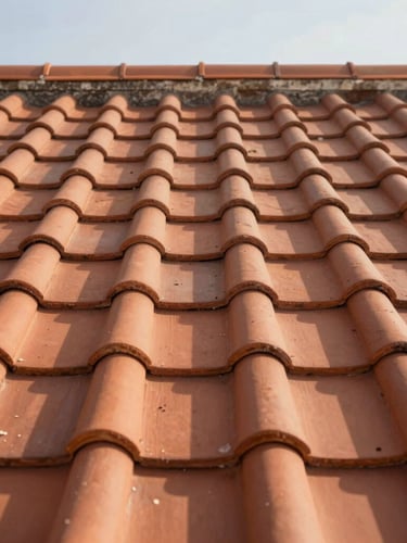 Close-up of perfectly aligned terracotta tiles on a traditional French roof, warm natural afternoon light, crisp shadows