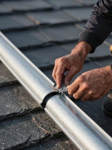 Close-up of a professional roofer's hands repairing a zinc gutter joint under crisp morning light, slate tiles visible in background