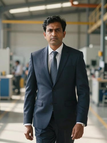 A confident Indian corporate leader in a sharp navy suit standing on a modern, sunlit manufacturing floor, direct eye-contact, warm daylight.