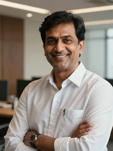 A direct, confident portrait of a prominent Indian corporate leader in a modern, warm-lit office, looking directly at the camera with an optimistic smile, clean composition, high-contrast daylight.