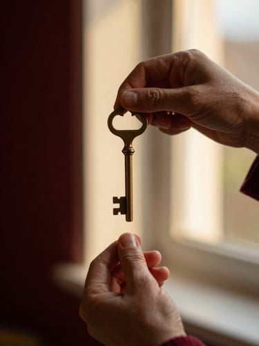 A close-up of hands holding a classic brass key in warm golden-hour window light, rich cream background, shallow depth of field, 35mm