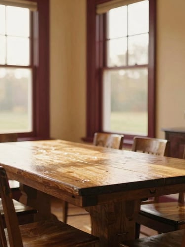 Sunlit shared dining room with a large oak table, heritage furniture, warm golden hour window light, rich cream walls, shallow depth of field.
