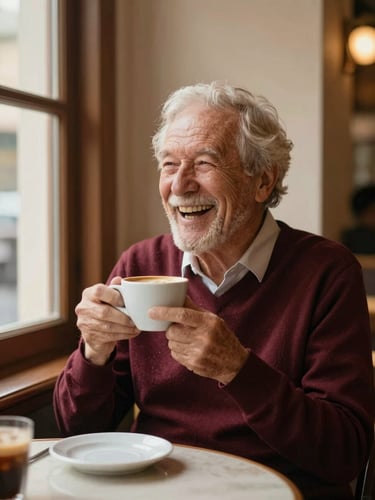 Warm environmental portrait of an active senior laughing while enjoying coffee in a cozy reading nook, rich maroon and cream tones, shallow depth of field.