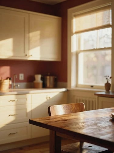 A bright, sunlit residential kitchen with warm cream cabinets and a wooden table, golden-hour window light casting soft shadows, 35mm photography