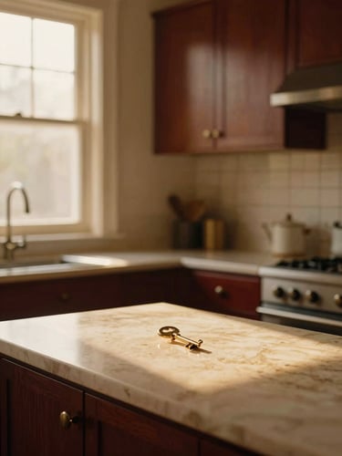 Sunlit shared kitchen with heritage wooden cabinets, warm golden-hour light streaming through a window, a brass key resting on a polished counter, 35mm photography.