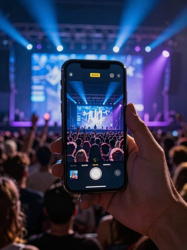 Close-up environmental frame: a hand holding a smartphone above a dense concert crowd, the screen showing real-time sentiment data overlaid on a live streaming feed of the same stage visible in the background; electric blue and violet accent lighting raking across the scene; stage floor and digital screen in the same breath