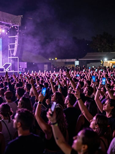 Wide split-frame: right half filled by a packed festival crowd mid-cheer, arms raised, faces lit simultaneously by violet-electric stage wash and the blue glow of phone screens held high; stage rigging and LED screens visible in background; dramatic high-contrast lighting, no posed subjects
