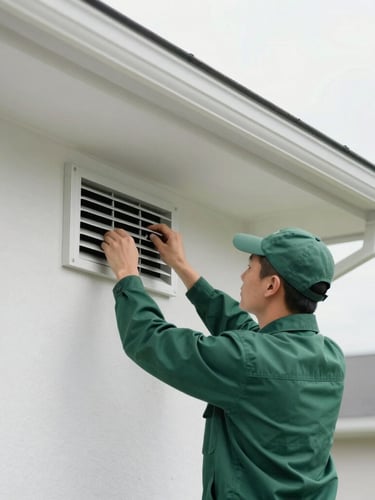 A professional technician in a clean dark green uniform inspecting a residential ventilation grille, bright cool daylight, crisp focus, architectural 35mm framing