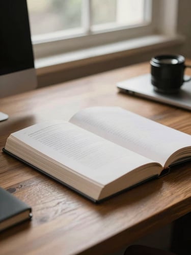 Primer plano de un libro del Estatuto Administrativo de Chile sobre un escritorio de madera, luz natural de ventana