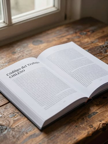 Vista de primer plano de un libro del Código del Trabajo chileno sobre una mesa de madera rústica, iluminación natural de ventana lateral, enfoque nítido en el texto impreso, composición asimétrica.