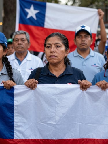 Primer plano de trabajadores de la salud pública en Chile sosteniendo un lienzo sindical durante una asamblea, luz natural de día, expresiones reales y decididas, alto contraste.