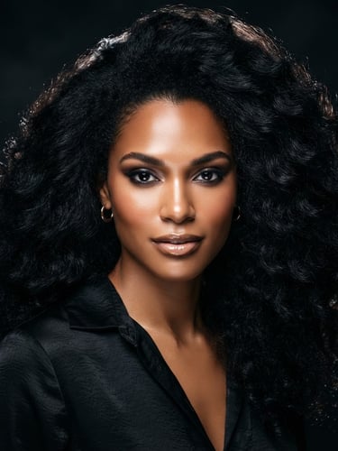 High-contrast beauty portrait of a mixed-race model with voluminous, ultra-glossy raw black hair cascading over her shoulders, dramatic studio rim lighting, 85mm, sharp focus