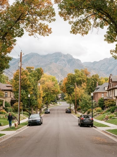 Bright, natural daylight wide-angle view of a quiet Salt Lake Valley residential street with mature trees and family homes, soft overcast sun, warm editorial style, 35mm.