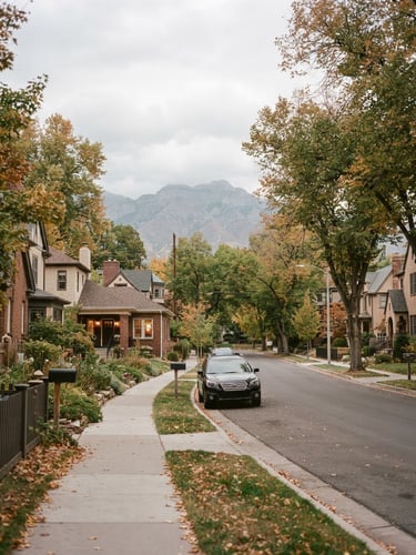 Warm editorial photograph of a quiet residential street in the Salt Lake Valley, soft overcast natural daylight, 35mm
