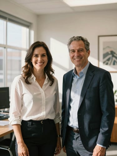 Warm editorial portrait of two friendly insurance advisors in a bright West Jordan office, natural daylight, soft shadows, 35mm