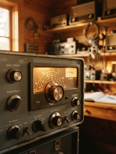 Warm documentary shot of a vintage ham radio transceiver dial softly lit by golden hour light in a cozy wooden room, soft depth of field
