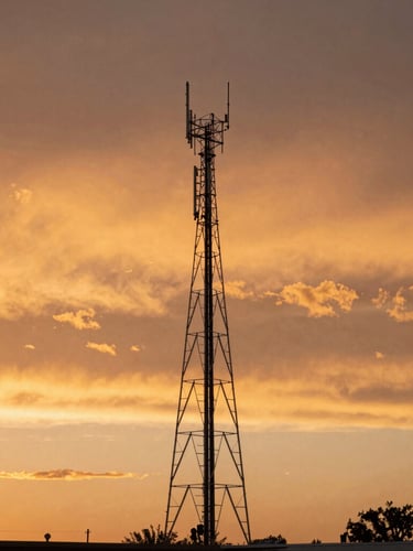 Wide environmental shot of a tall aluminum antenna tower silhouetted against a dramatic Texas golden-hour sky, warm orange horizon.