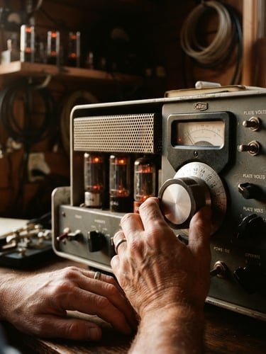 A close-up of a vintage 1950s amateur radio transmitter, warm glowing vacuum tubes, hands tuning a heavy metal dial in a softly lit wooden shack.