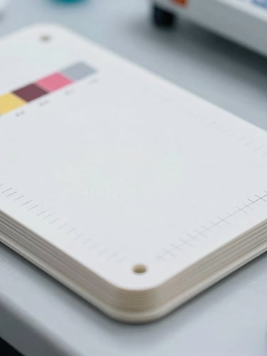 Close-up of high-end packaging flats with precise alignment marks and color bars, bright clean clinical studio lighting, 50mm lens